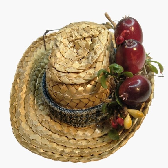 Straw Hat Christmas Ornament Vintage Fruit Mexican Hispanic Rustic Denim Band - Picture 1 of 8